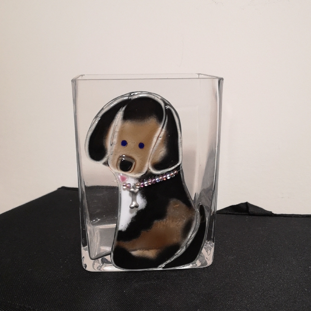 Fun & Unique Art Glass Fused Dog Vase, Black, Brown White with Dog Bone Collar